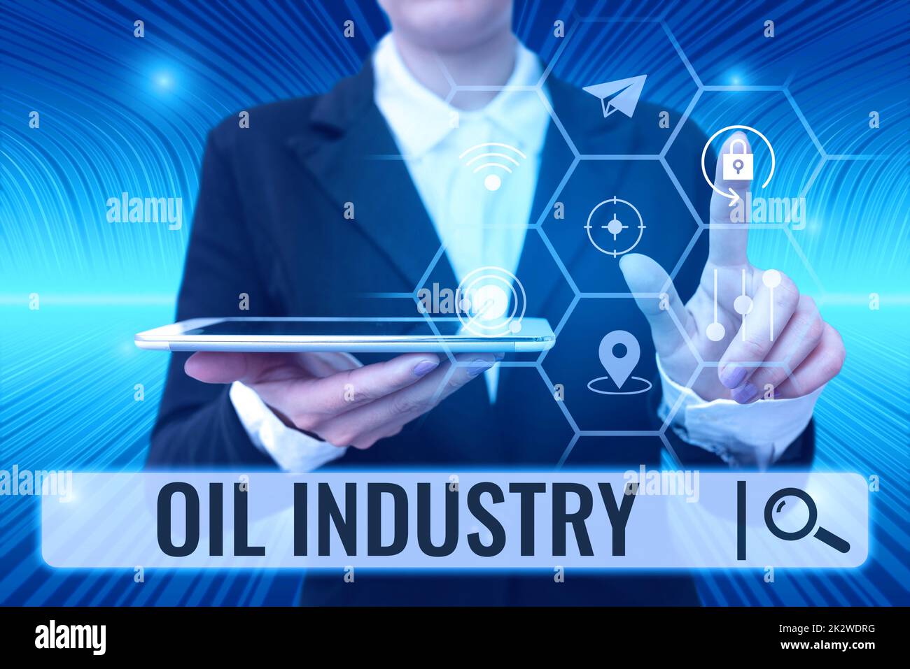 Conceptual display Oil Industry. Concept meaning Exploration Extraction Refining Marketing petroleum products Lady holding tablet symbolizing successful teamwork accomplishments. Stock Photo