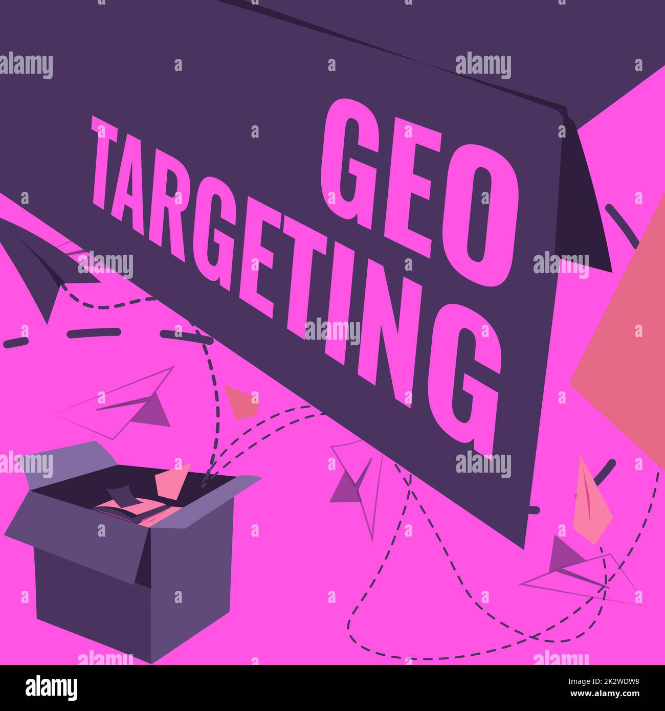 Text sign showing Geo Targeting. Business overview Digital Ads Views IP Address Adwords Campaigns Location Open Box With Flying Paper Planes Presenting New Free Ideas Stock Photo