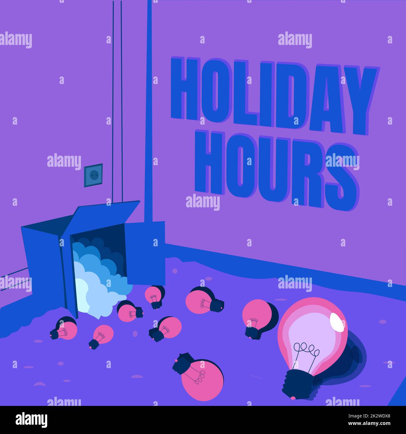 Inspiration showing sign Holiday Hours. Word Written on Schedule 24 or7 Half Day Today Last Minute Late Closing Light bulbs spilled out box symbolizing innovative thinking. Stock Photo