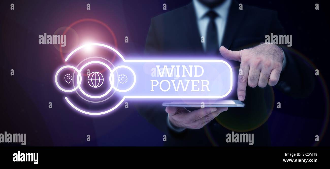 Sign displaying Wind Power. Word for use of air flowto provide mechanical power to turn generators -47806 Stock Photo