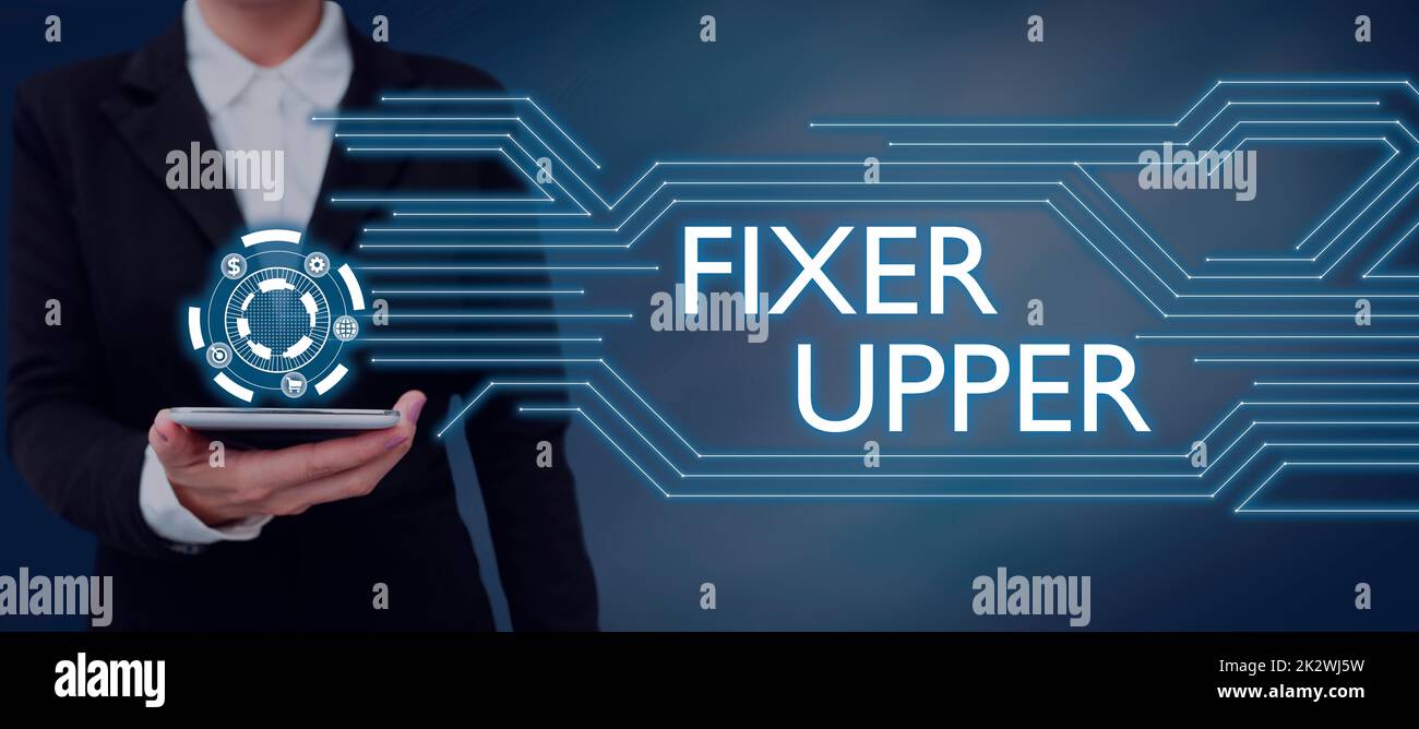 Hand writing sign Fixer Upper. Concept meaning house in need of repairs