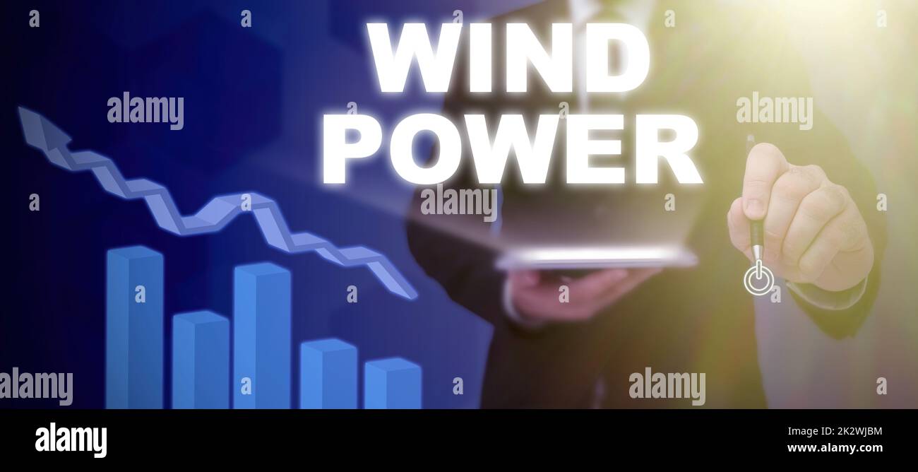 Hand writing sign Wind Power. Business showcase use of air flowto provide mechanical power to turn generators -47900 Stock Photo