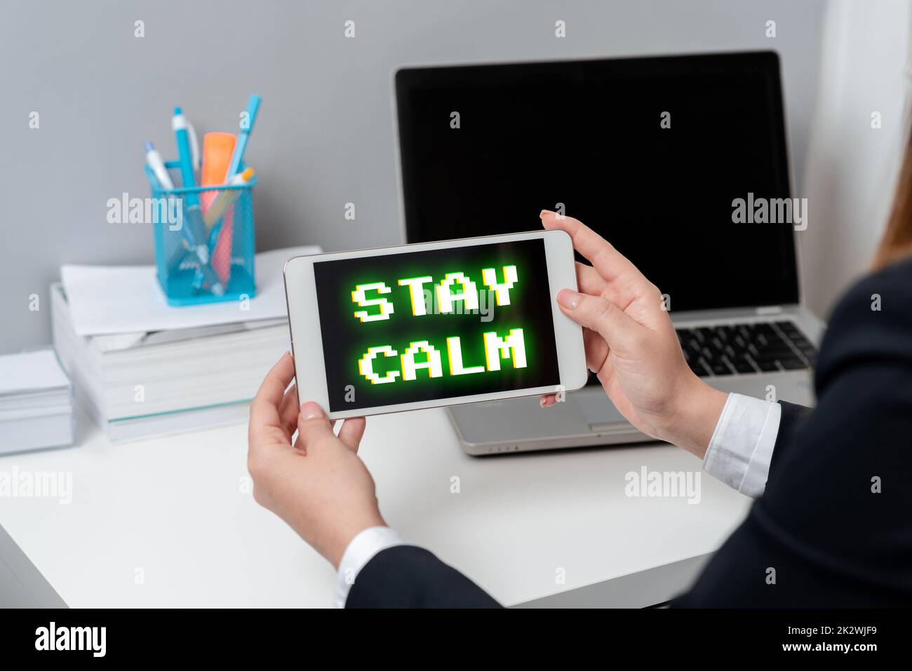 Handwriting text Stay Calm. Business idea Maintain in a state of motion smoothly even under pressure -47522 Stock Photo