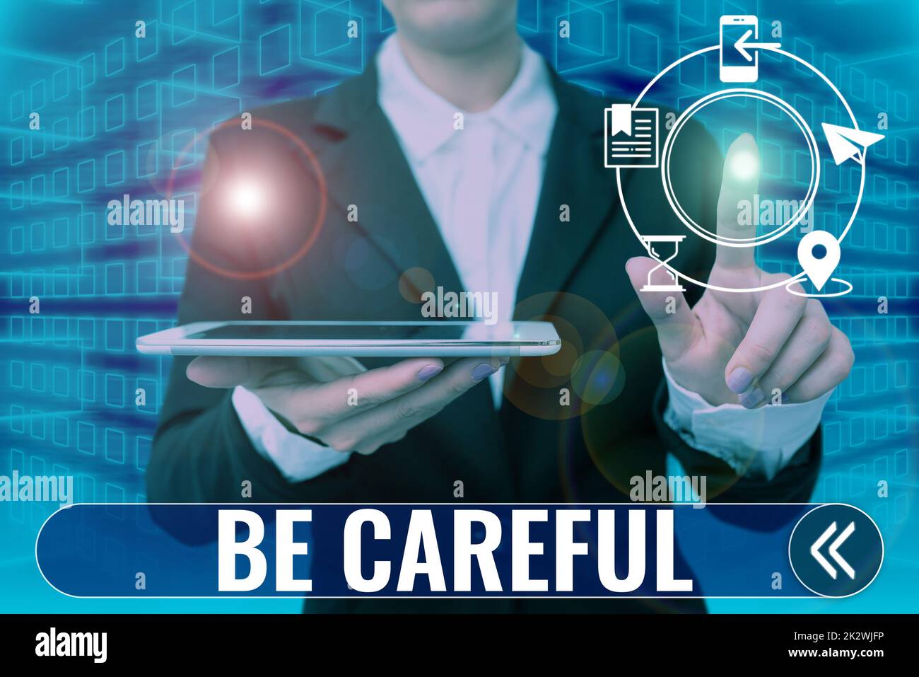Sign displaying Be Careful. Word for making sure of avoiding potential danger mishap or harm Businessman in suit holding notepad symbolizing successful teamwork. Stock Photo