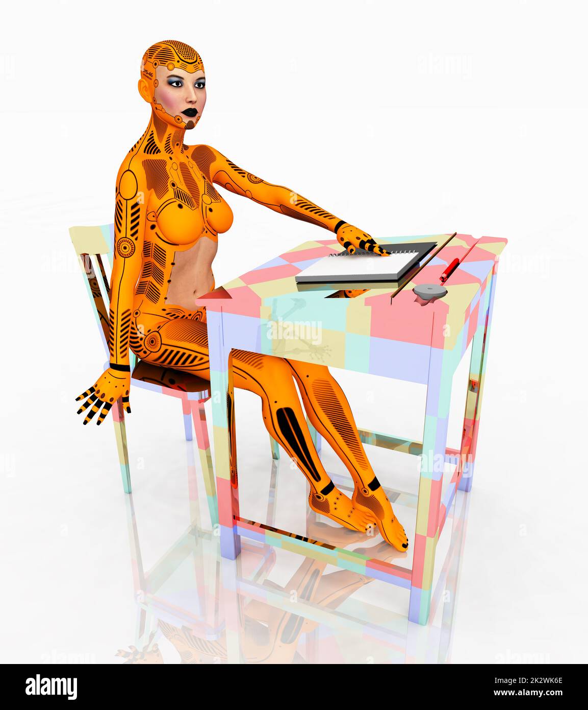 Humanoid female robot with desk Stock Photo