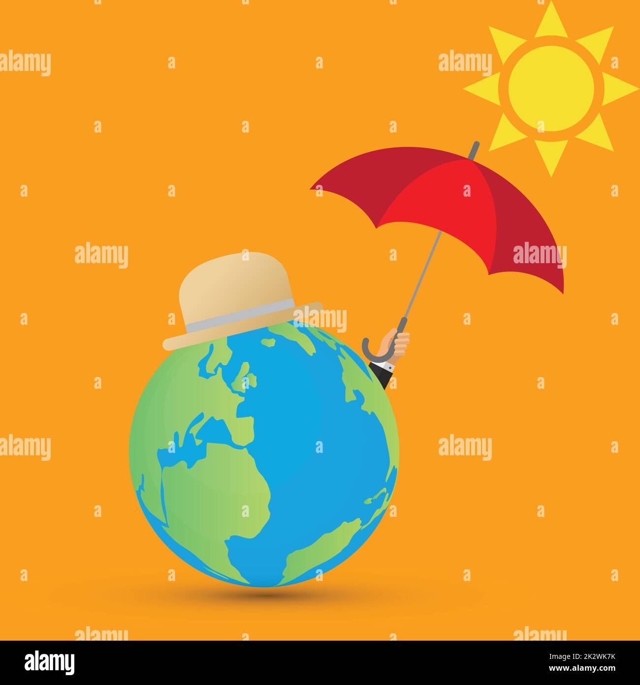 Earth globe with hat holding an umbrella to protect from the sun Stock