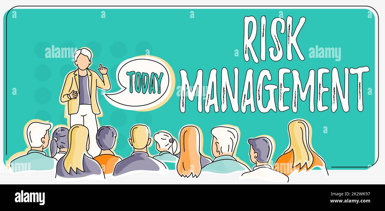 Sign displaying Risk Management. Concept meaning evaluation of financial hazards or problems with procedures Person delivering presentation displaying newest business strategies. Stock Photo