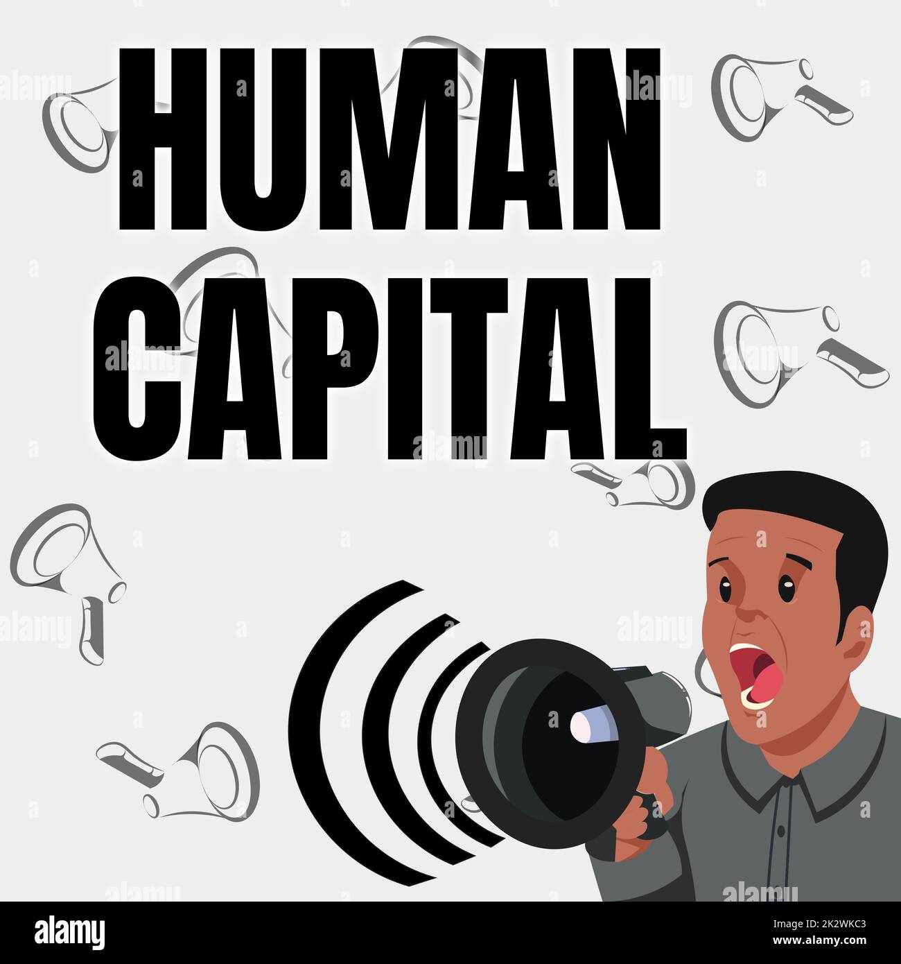 Conceptual caption Human Capital. Conceptual photo Intangible Collective Resources Competence Capital Education Businessman Talking Through Megaphone Making Wonderful New Announcement Stock Photo