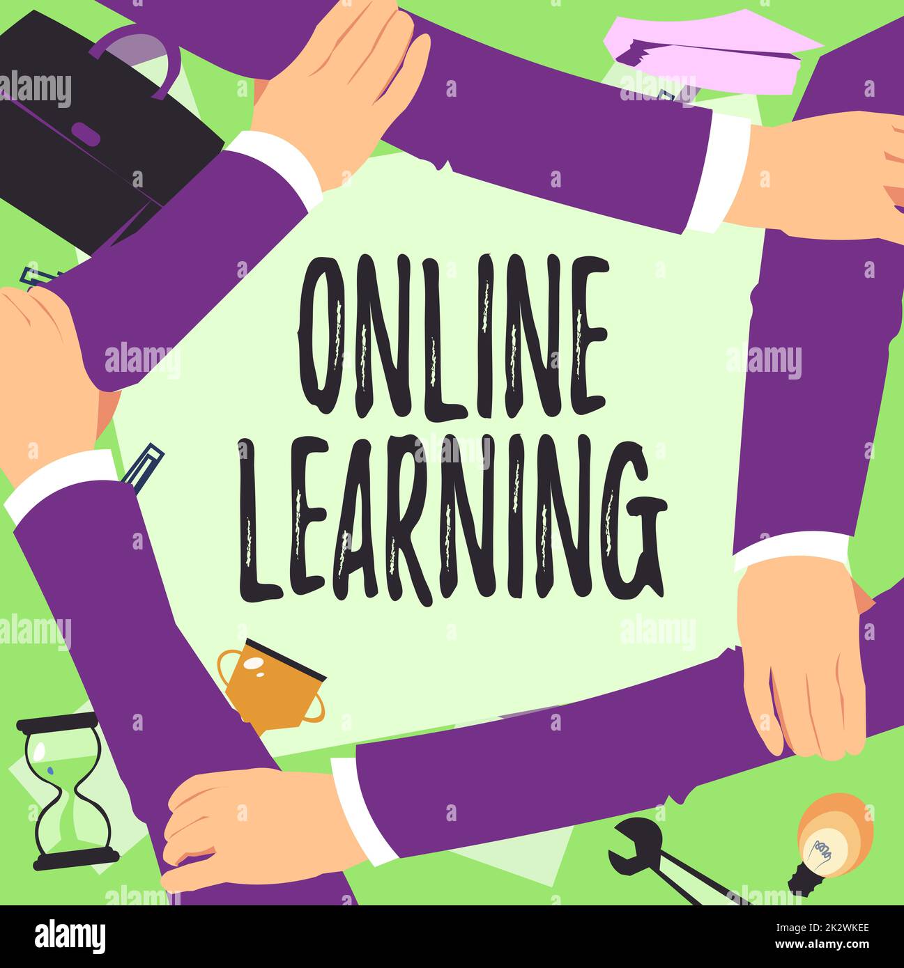 Writing displaying text Online Learning. Word Written on Larning with the assistance of the Internet and a computer Four Hands Drawing Holding Arm Together Showing Connection Symbol. Stock Photo