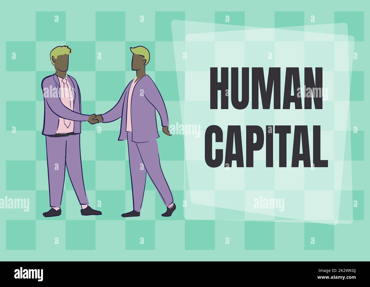 Text caption presenting Human Capital. Business overview Intangible Collective Resources Competence Capital Education Two colleagues shaking hands congratulating successful teamwork. Stock Photo