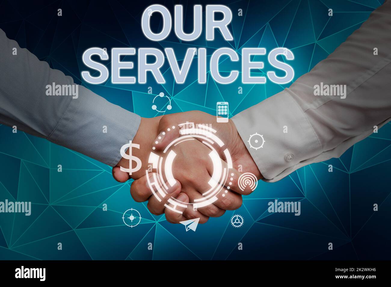 Writing displaying text Our Services. Word for The occupation or function of serving Intangible products Hands shaking presenting innovative plan ideas symbolizing teamwork. Stock Photo