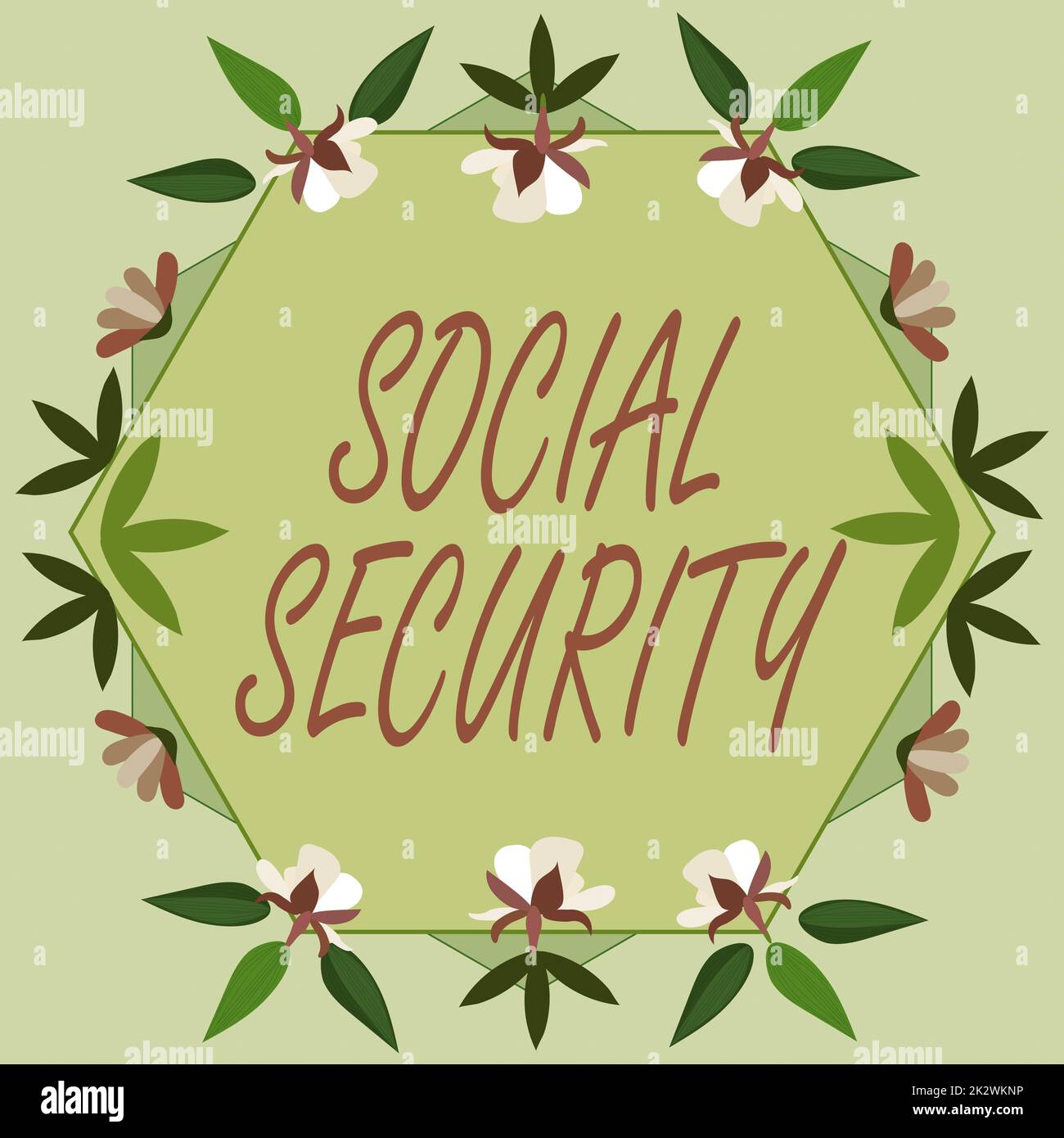 Conceptual caption Social Security. Word for assistance from state showing with inadequate or no income Blank Frame Decorated With Abstract Modernized Forms Flowers And Foliage. Stock Photo
