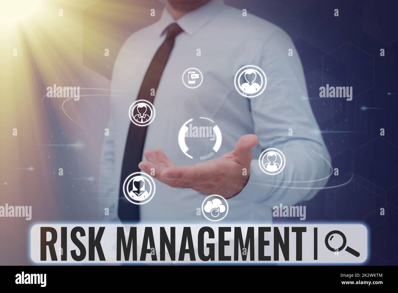 Conceptual display Risk Management. Business overview evaluation of financial hazards or problems with procedures Businessman in suit holding open palm symbolizing successful teamwork. Stock Photo
