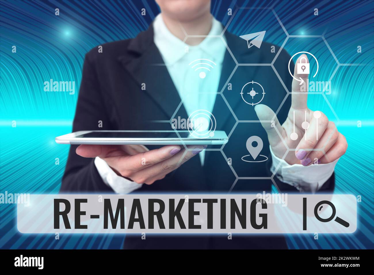 Conceptual display Re Marketing. Business approach Strategy to reach potential customers in your website Lady holding tablet symbolizing successful teamwork accomplishments. Stock Photo