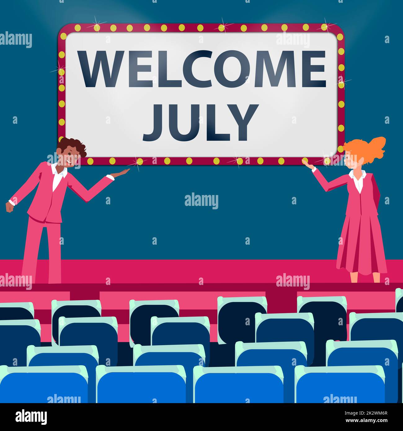 Text showing inspiration Welcome July. Word for Calendar Seventh Month 31days Third Quarter New Season Male and female colleagues doing presentation on stage with hand gestures. Stock Photo