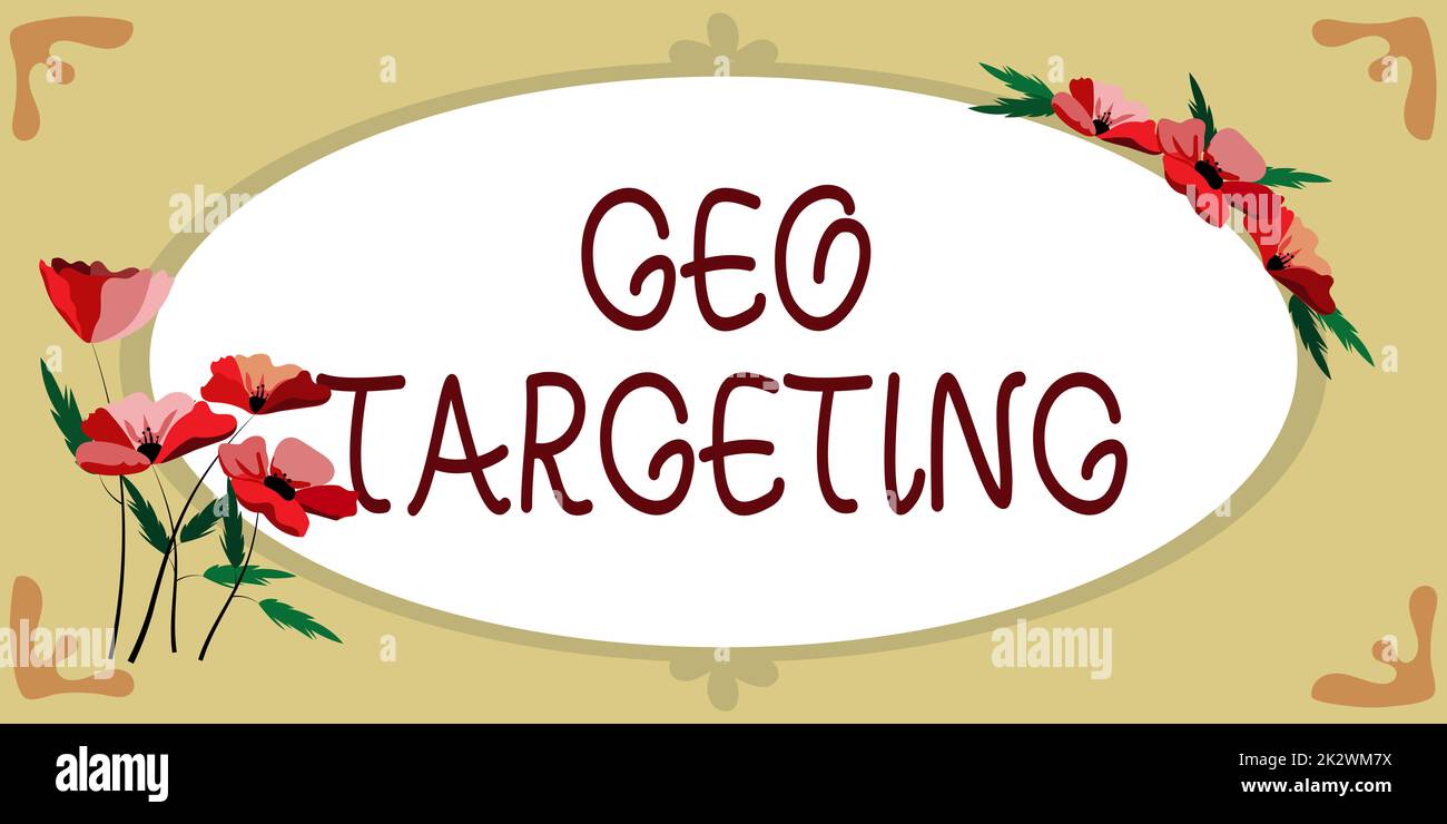 Text sign showing Geo Targeting. Business overview Digital Ads Views IP Address Adwords Campaigns Location Blank Frame Decorated With Abstract Modernized Forms Flowers And Foliage. Stock Photo