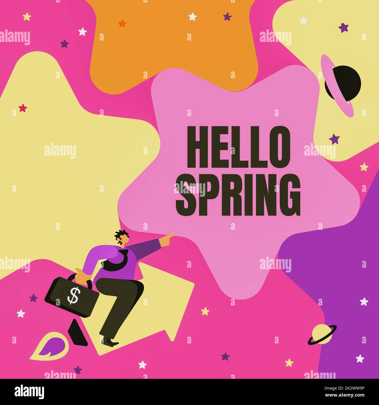 Sign displaying Hello Spring. Business showcase Welcoming the season after the winter Blossoming of flowers Gentleman Pointing Finger Star Representing Financial Success. Stock Photo