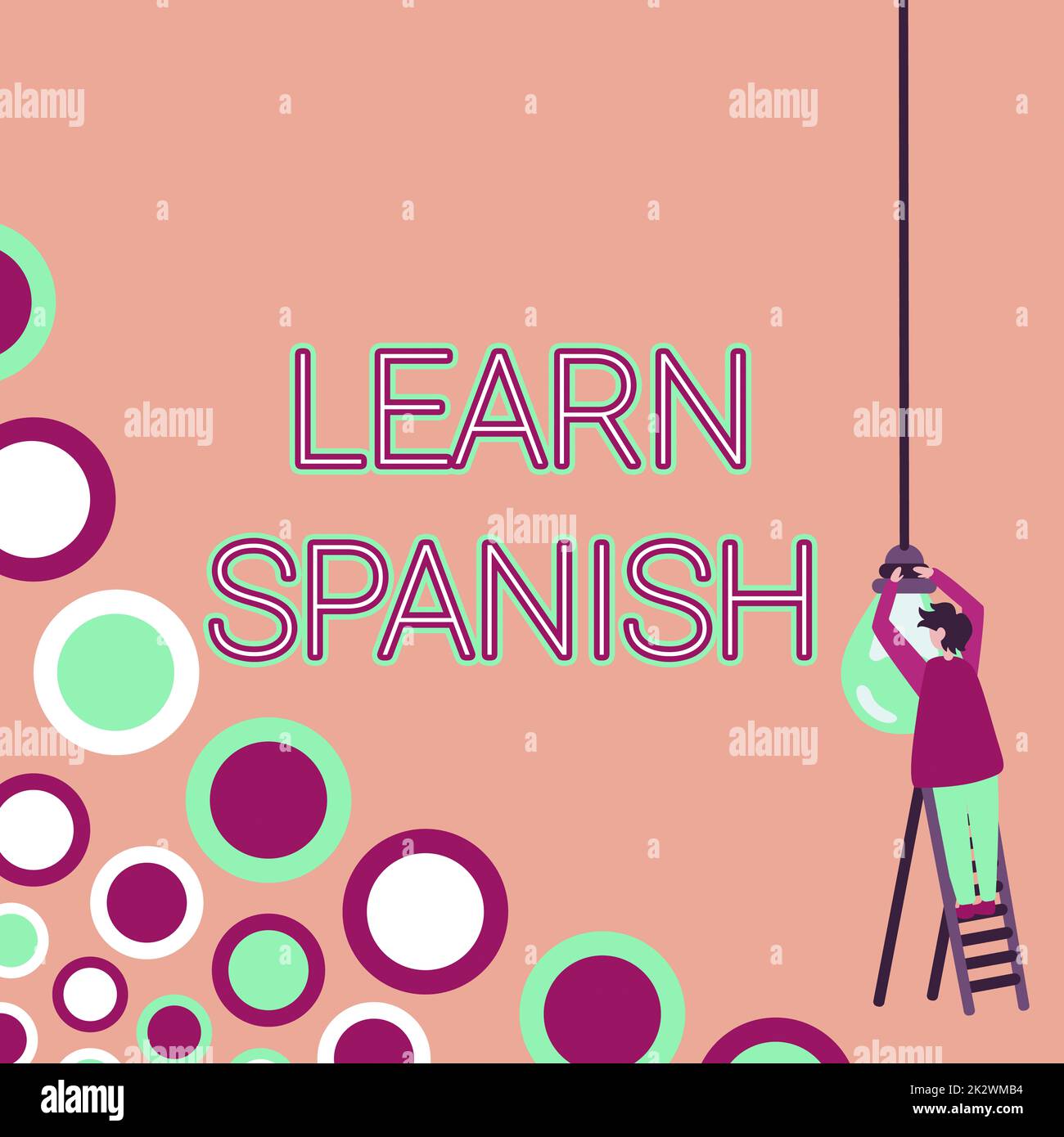 Conceptual display Learn Spanish. Internet Concept Translation Language in Spain Vocabulary Dialect Speech Businessman Standing Ladder Fixing Light Bulb Generating New Futuristic Ideas. Stock Photo