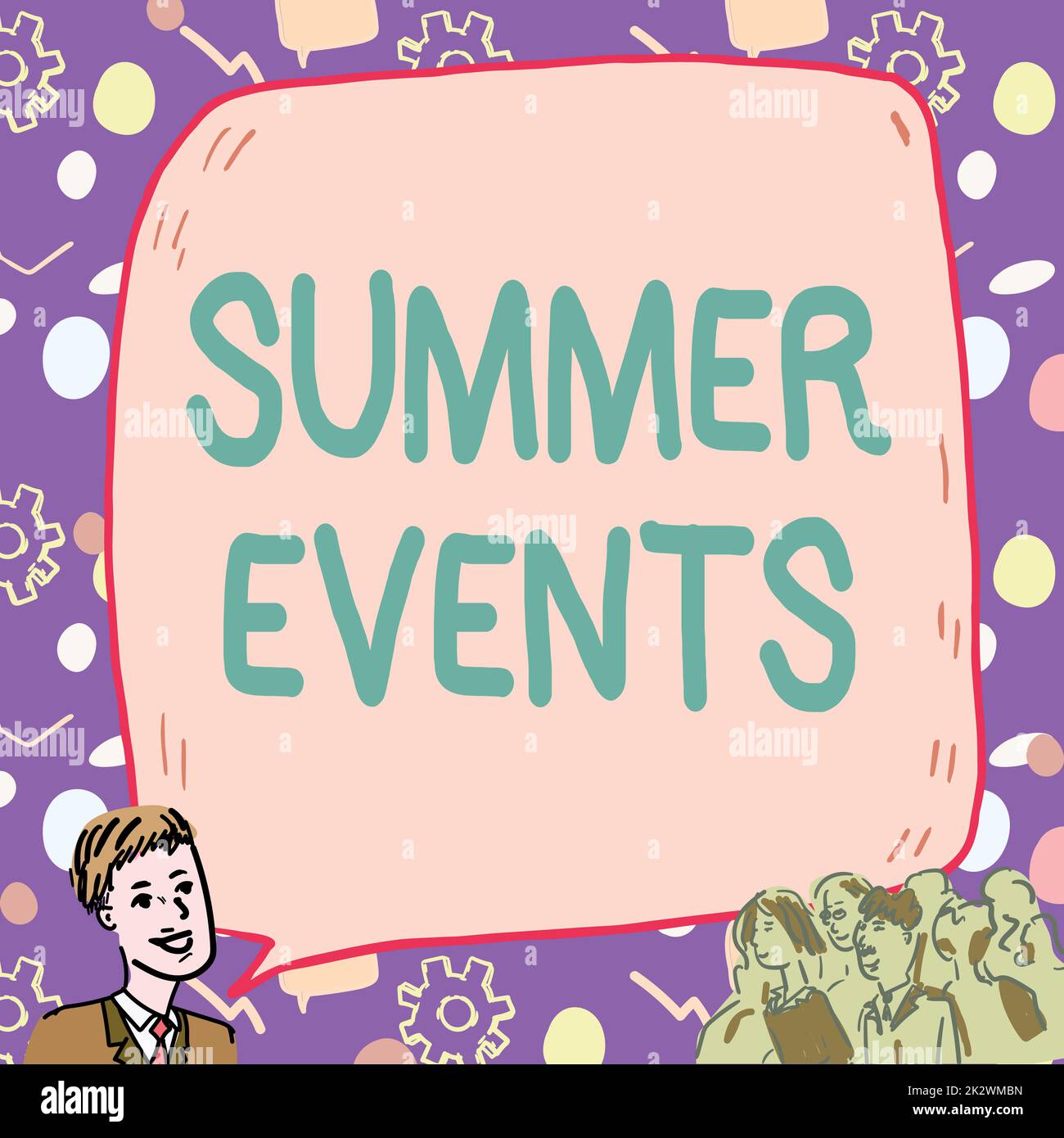 Writing displaying text Summer Events. Business concept Celebration Events that takes place during summertime Businessman With Large Speech Bubble Talking To Crowd Presenting New Ideas Stock Photo