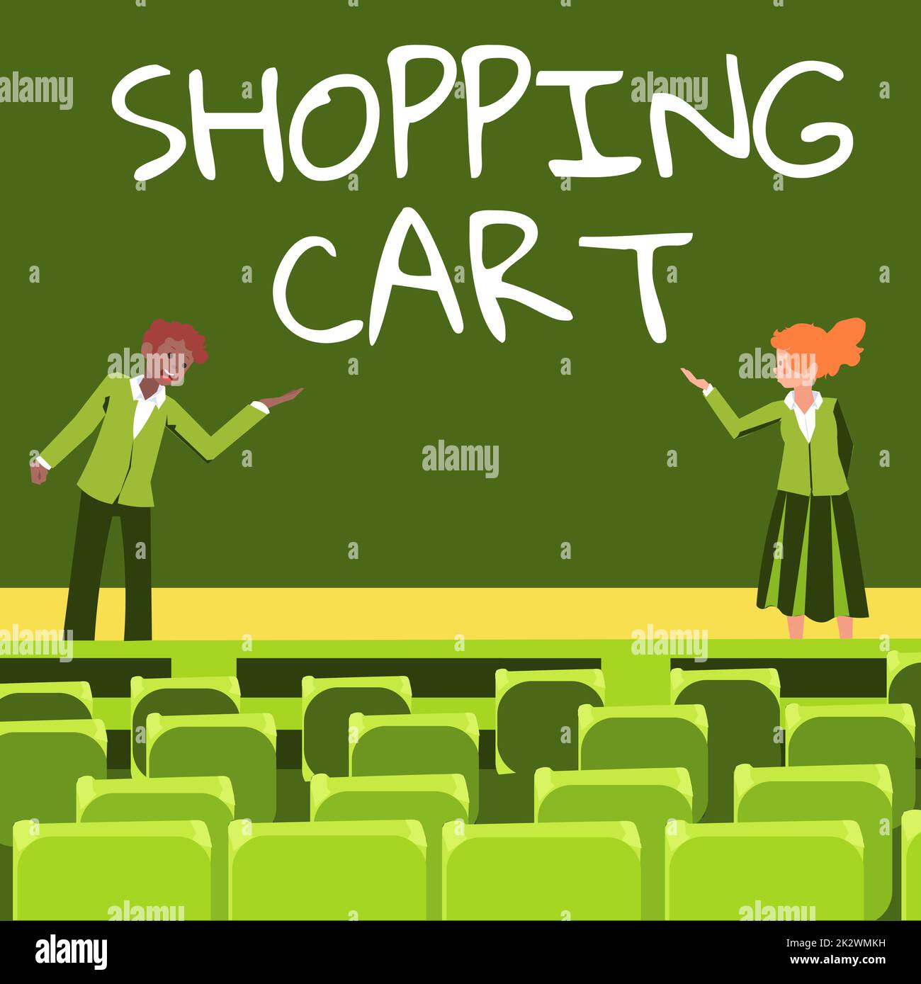 Conceptual display Shopping Cart. Business overview Case Trolley Carrying Groceries and Merchandise Male and female colleagues doing presentation on stage with hand gestures. Stock Photo