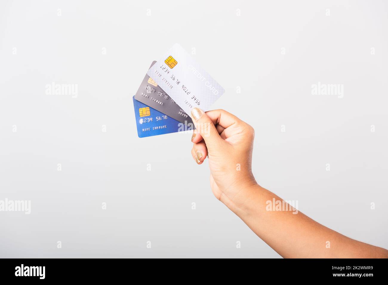 woman she holding bank credit card for pay money online shopping Stock Photo