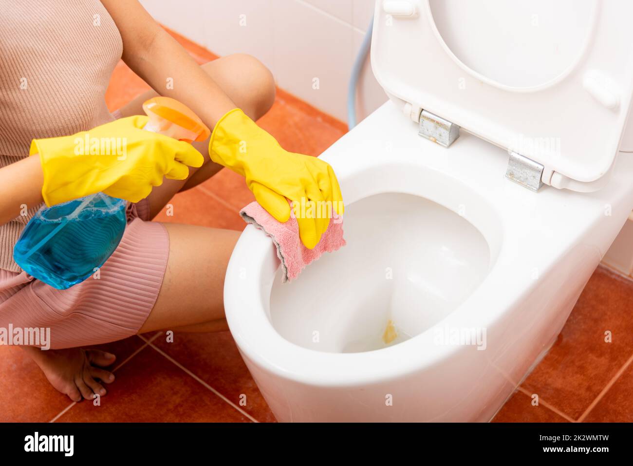 Hand of Asian woman cleaning toilet seat using liquid spray and pink