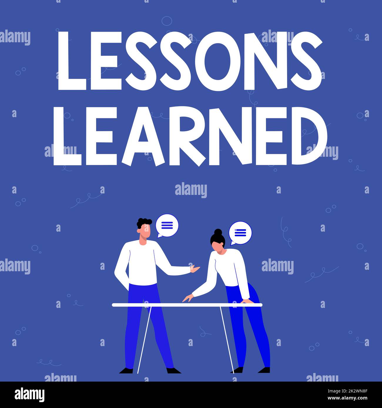 Text sign showing Lessons Learned. Business idea Promote share and use knowledge derived from experience Partners Sharing New Ideas For Skill Improvement Work Strategies. Stock Photo