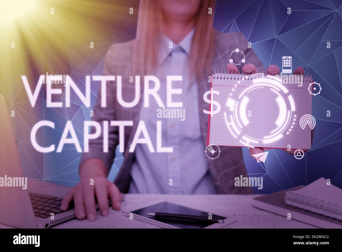 Conceptual display Venture Capital. Business concept financing provided by firms to small early stage ones Lady in suit holding notepad representing innovative thinking. Stock Photo