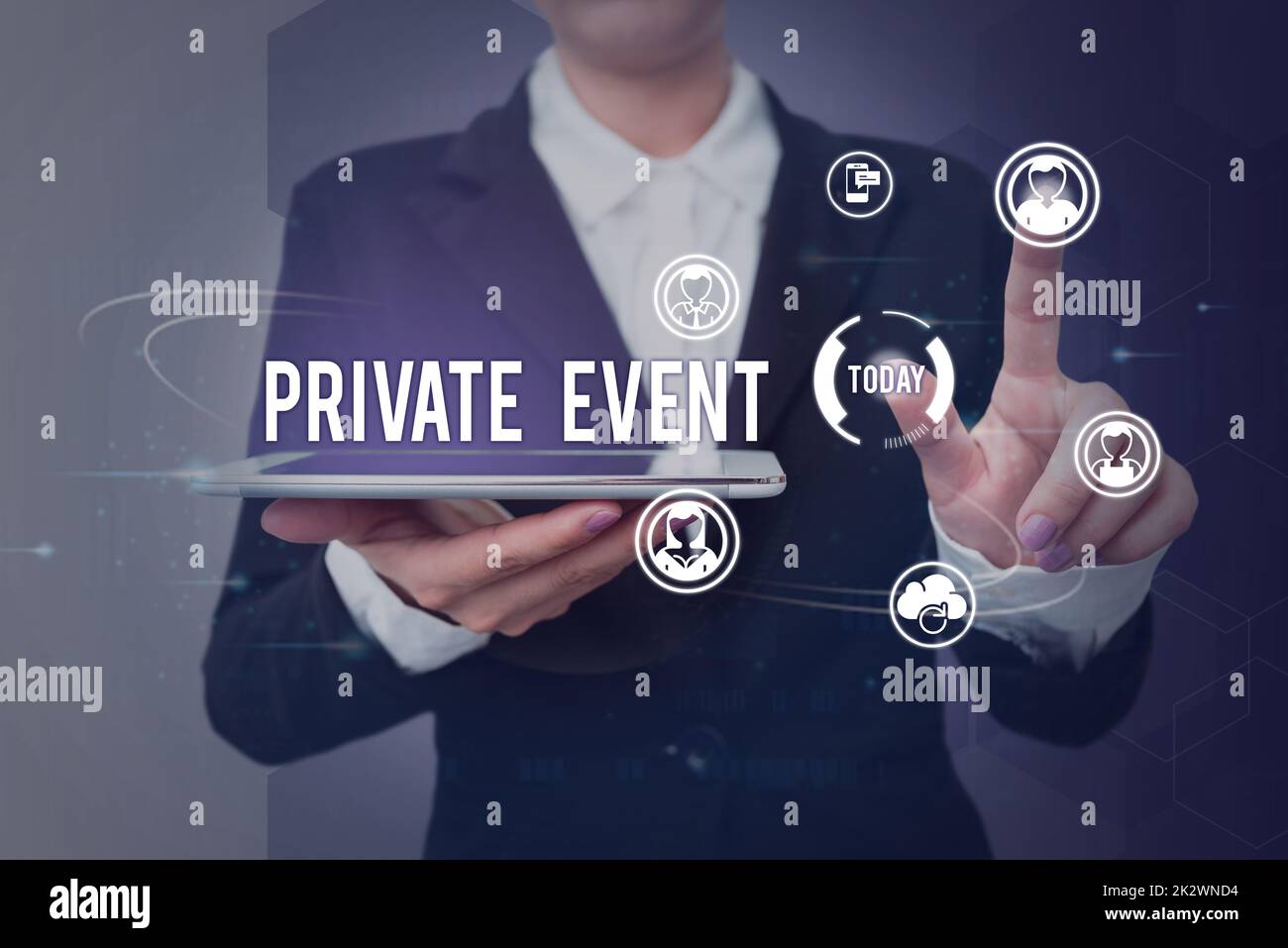 Handwriting text Private Event. Business concept Exclusive Reservations RSVP Invitational Seated Lady holding tablet symbolizing successful teamwork accomplishments. Stock Photo