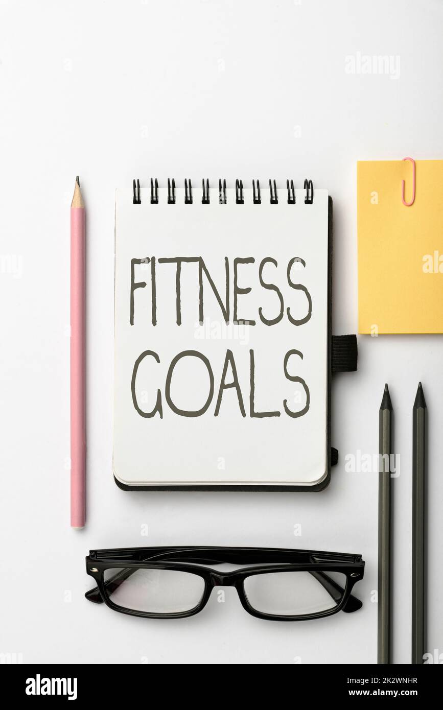 Inspiration showing sign Fitness Goals. Business approach Loose fat Build muscle Getting stronger Conditioning Flashy School Office Supplies, Teaching Learning Collections, Writing Tools Stock Photo