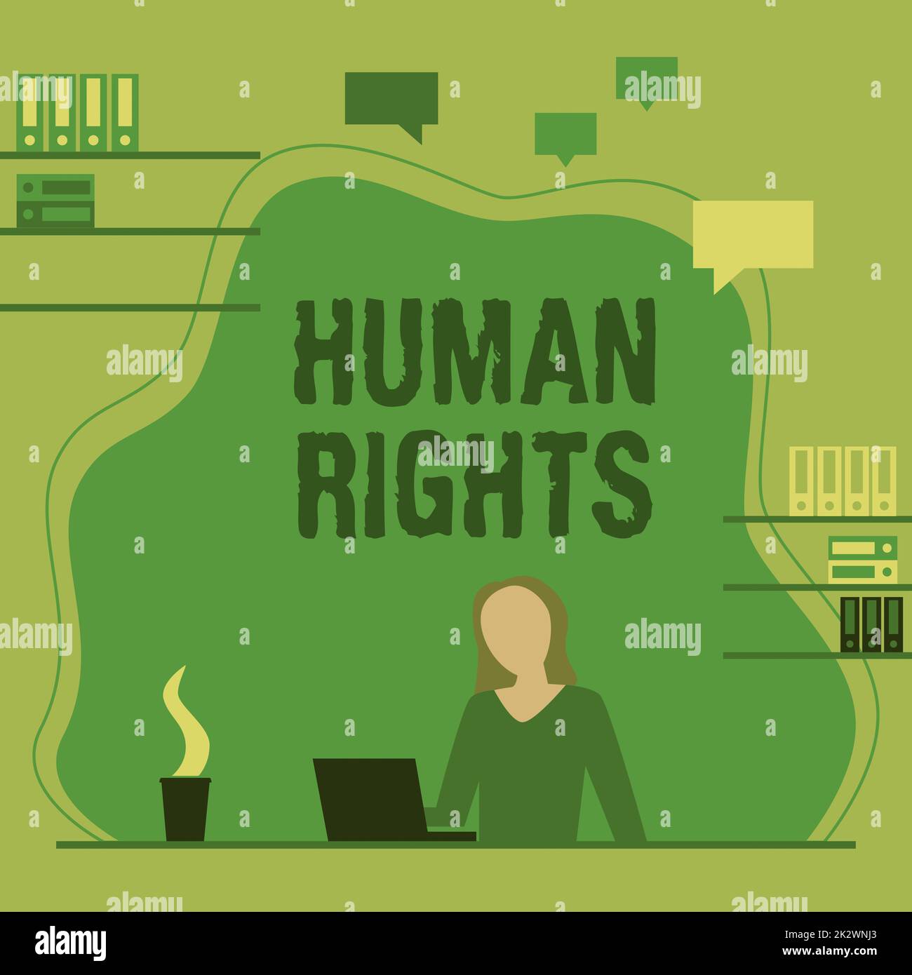 Text caption presenting Human Rights. Business approach Moral Principles Standards Norms of a showing protected by Law Woman Sitting On Desk Working And Presenting New Technologies. Stock Photo