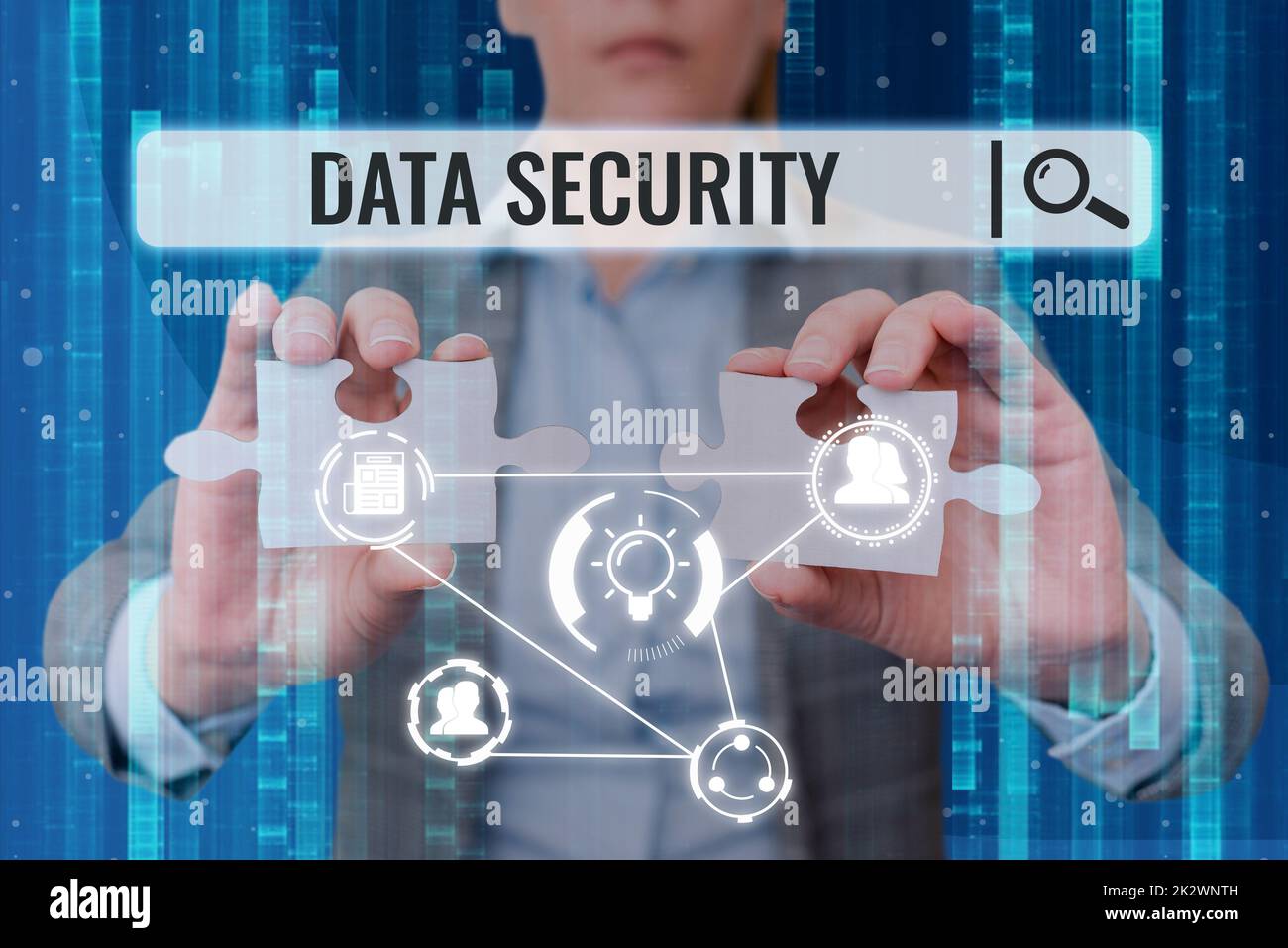 Hand writing sign Data Security. Business concept Confidentiality Disk Encryption Backups Password Shielding Lady in suit holding two puzzle pieces representing innovative thinking. Stock Photo