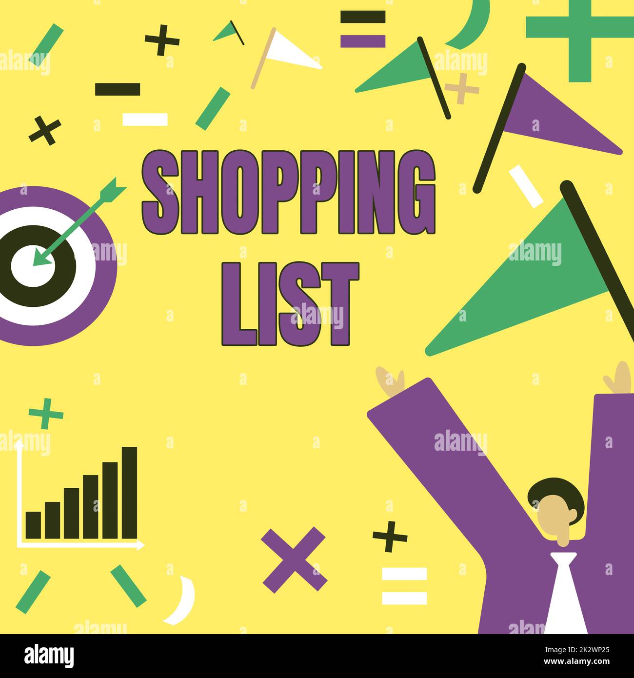 Writing displaying text Shopping List. Business approach Discipline approach to shopping Basic Items to Buy Successful Gentleman In Suit Displaying Current Goal Achievements. Stock Photo