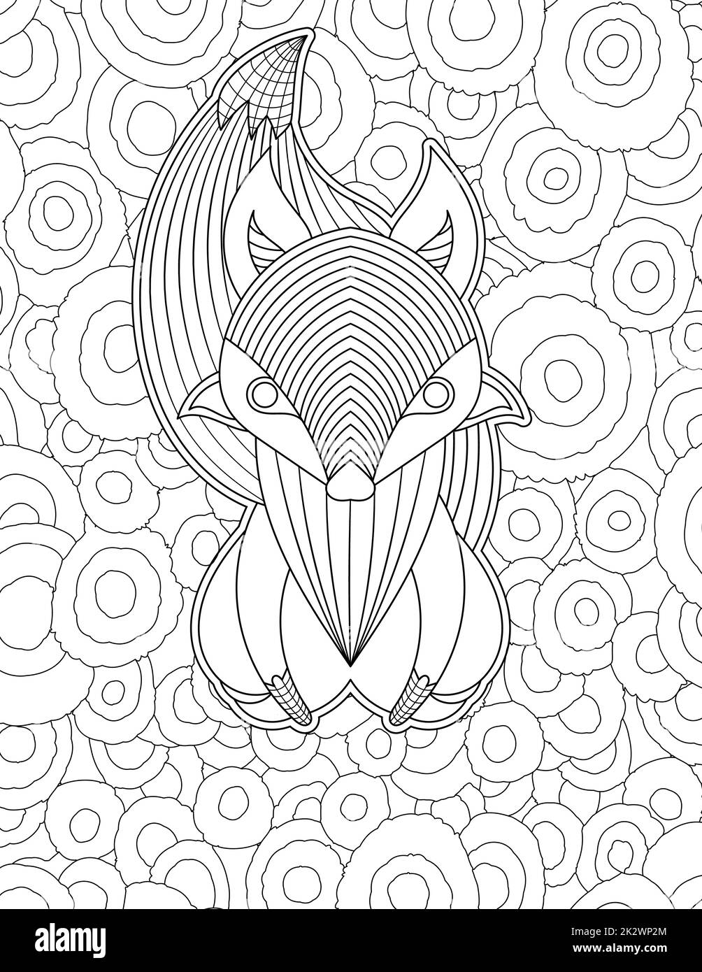 Stylized vector line drawing cute fox flowy tail patterned circular background. Simplified digital lineart image sitting animal cicle texture. Outline artwork abstract design. Stock Photo