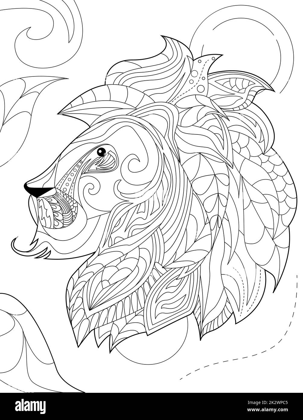 Abstract vector line drawing stylized lion foliage decorated pattern mane. Digital lineart image feline animal leaves decorations fur. Outline artwork wild cat design. Stock Photo
