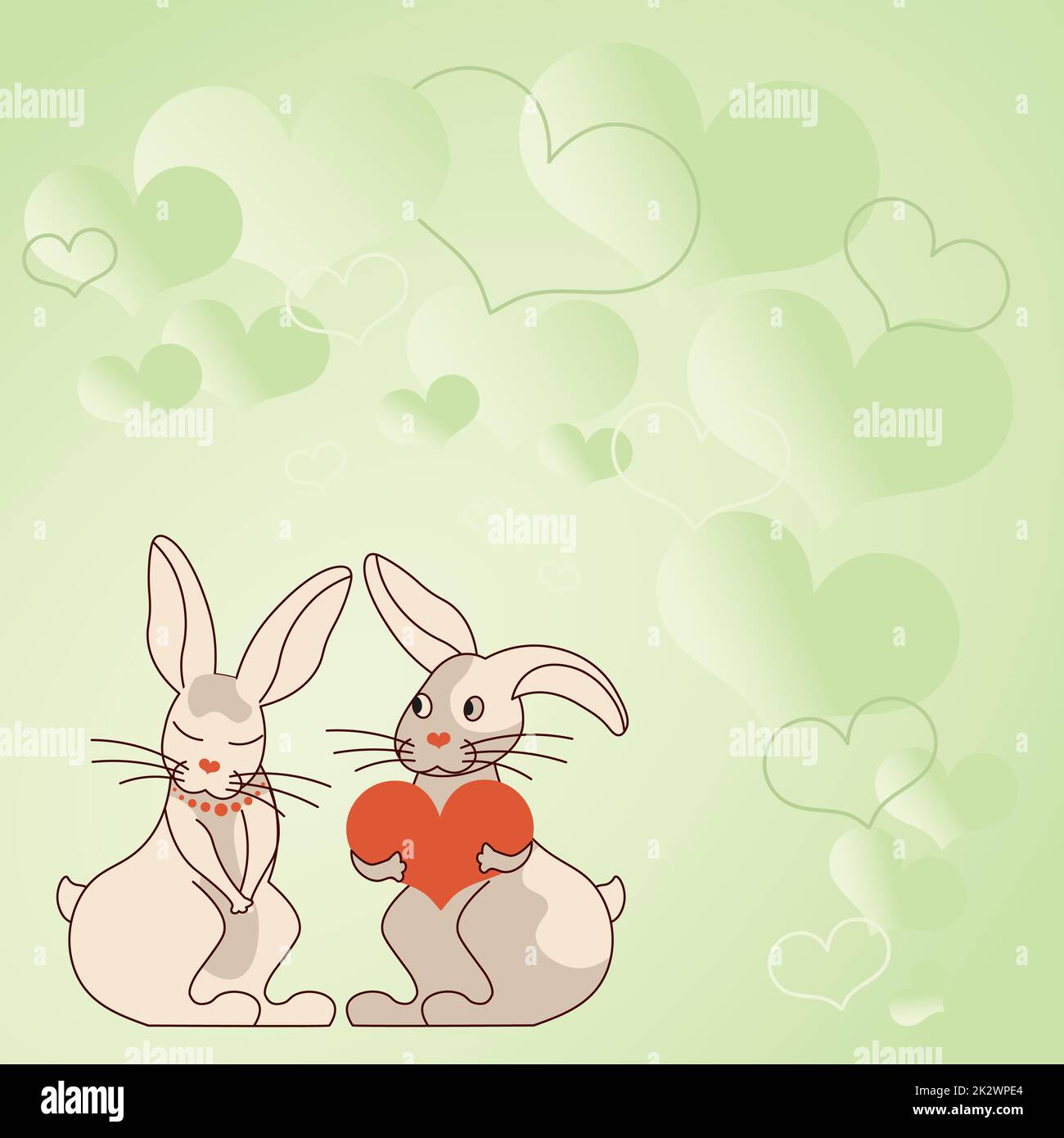Two rabbits with heart shaped gifts with heartful background demonstrate couples exchanging offerings. Bunnies represent passionate lovers with lovely presents. Stock Photo