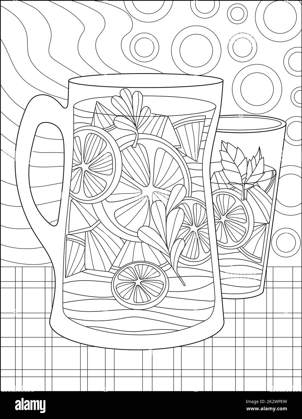 Vector line drawing two glasses filled lemon orange juice sitting table. Digital lineart image glass jug holding citrus beverage. Outline artwork design refreshing soda. Stock Photo