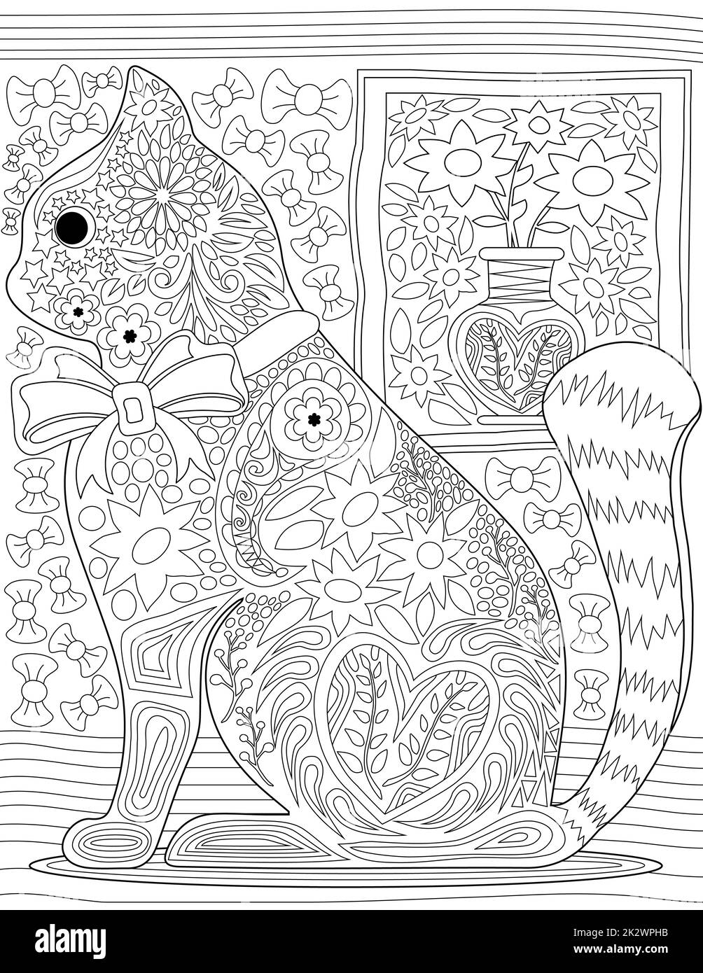 Abstract vector line drawing house cat wearing bow sitting floor floral picture background. Digital lineart image feline animal having ribbon collar flower patterns. Stock Photo