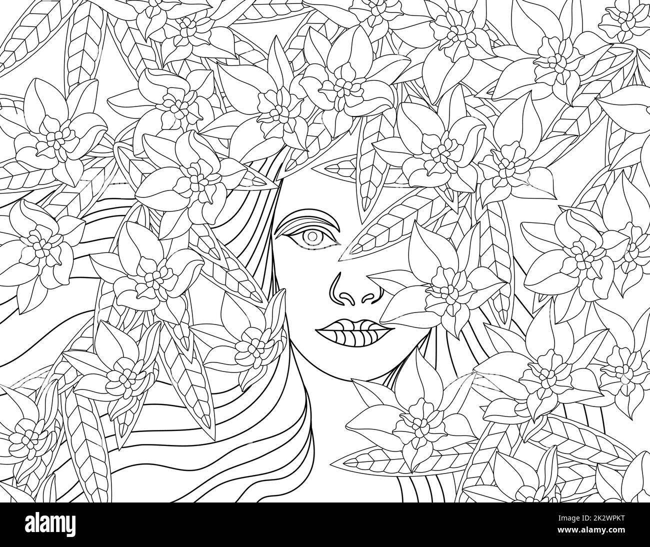 Vector line drawing girl flower crown flowy hair. Digital lineart image woman floral decoration hairstyle. Outline artwork design lady foliage adorned head. Stock Photo