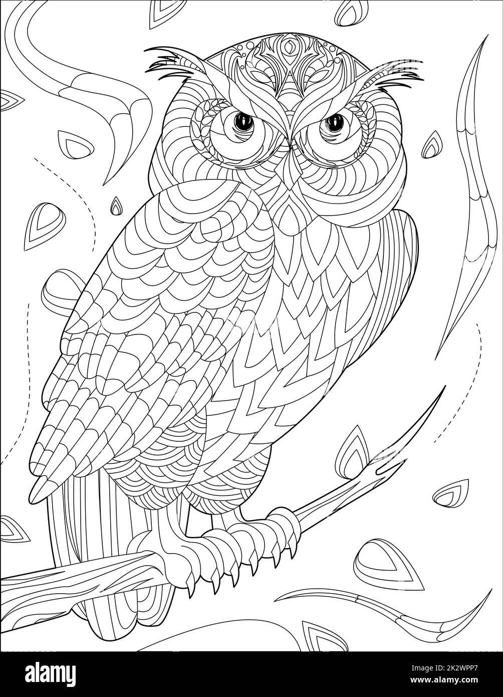 Owl Standing On Tree Branch With Geometric Details Line Drawing For Coloring Book Stock Photo