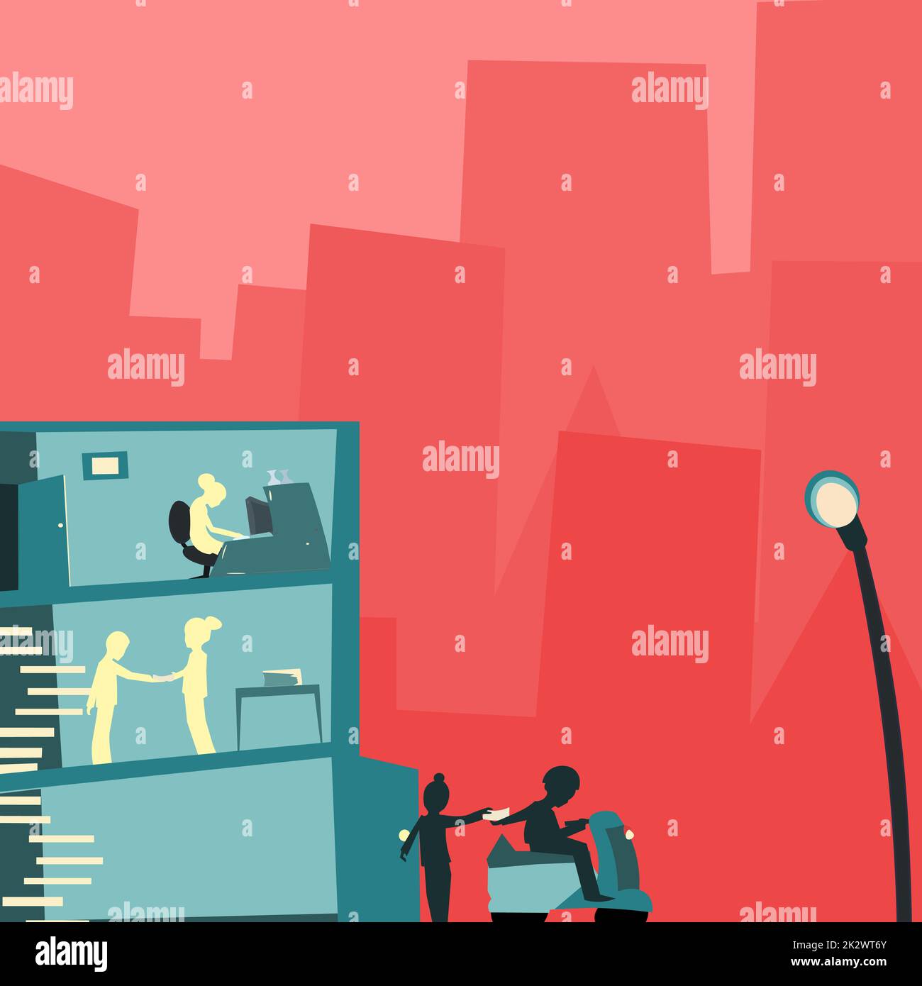 Office Building With Skyscrapers Drawing Showing City Skyline. Different High-Rise Buildings Showing Cityscape Horizon.Towering Architectures Spread Across The Town. Stock Photo