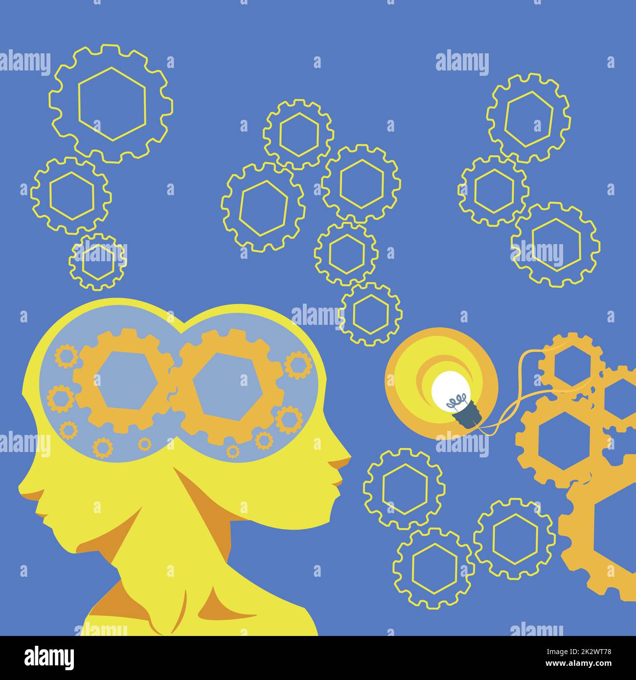 Two Heads With Cogs Showing Technology Ideas. Gears In Brain Symbols Design Displaying Mechanical And Technical Idea. Stock Photo