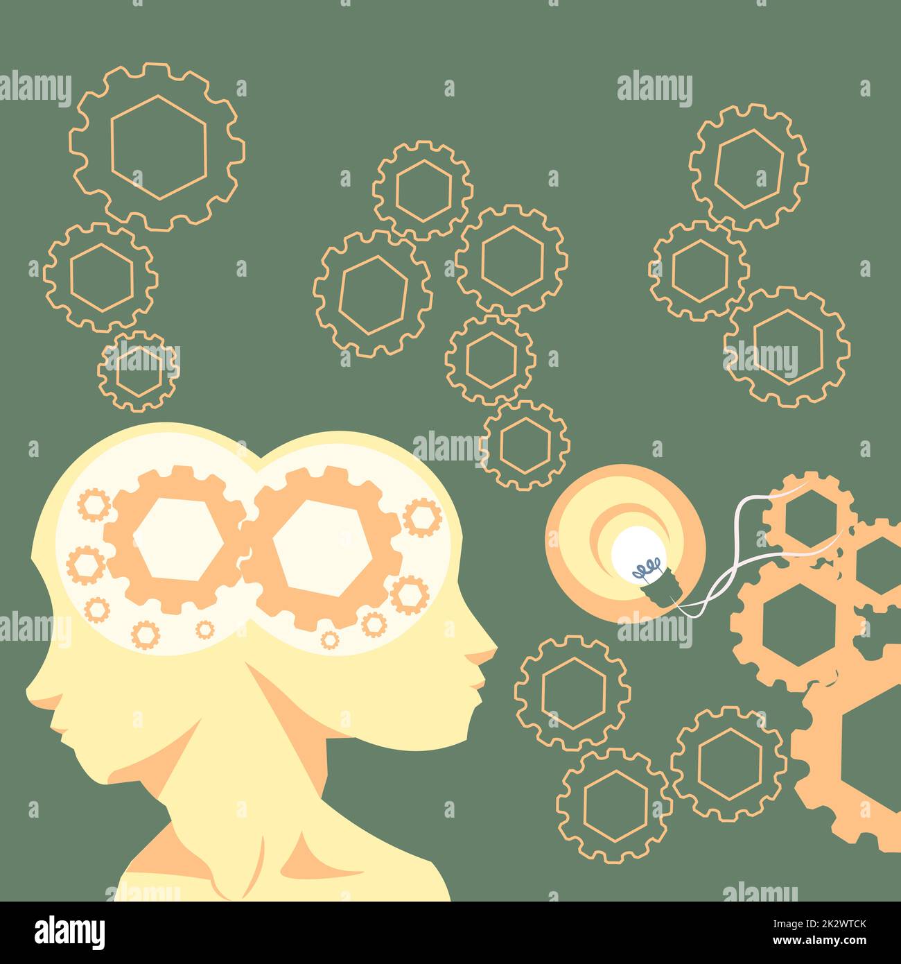 Two Heads With Cogs Showing Technology Ideas. Gears In Brain Symbols Design Displaying Mechanical And Technical Idea. Stock Photo