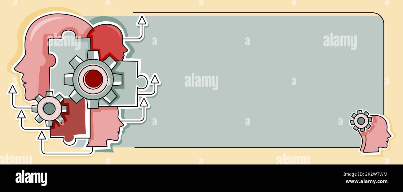 Multiple Heads With Cogs Showing Technology Ideas. Gears In Brain Symbols Design Displaying Mechanical And Technical Idea. Stock Photo