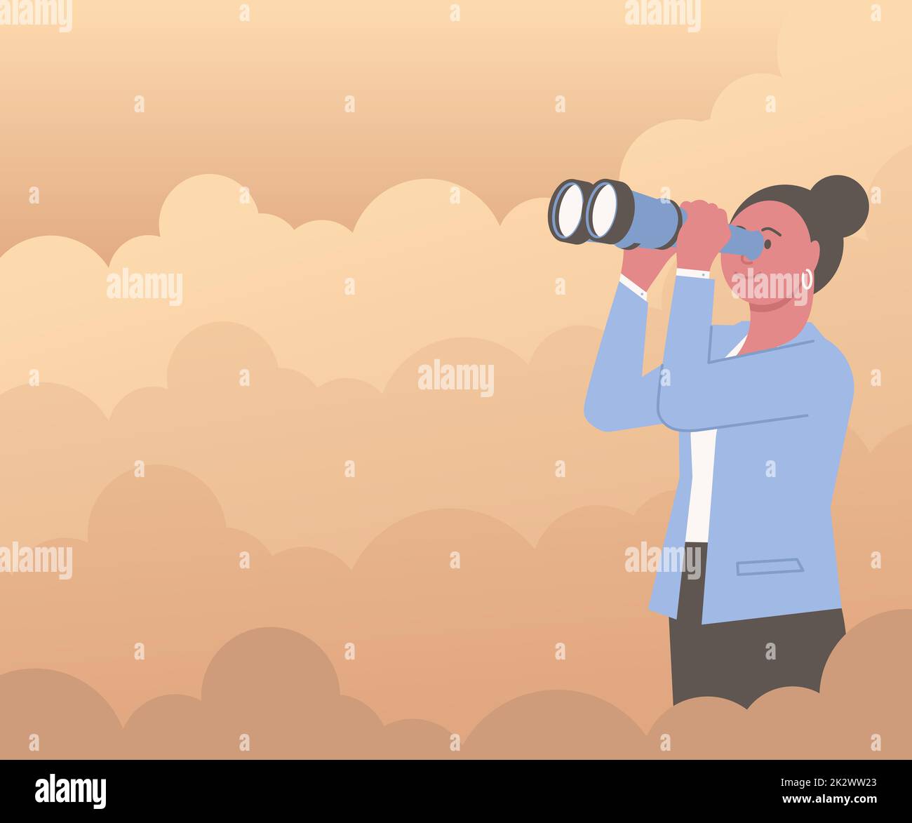 Woman Surrounded With Clouds Looking Through Hand Held Telescope Seeing New Opportunities. Lady Outdoors Using Binoculars Watching Into Aspirations Future Goals. Stock Photo