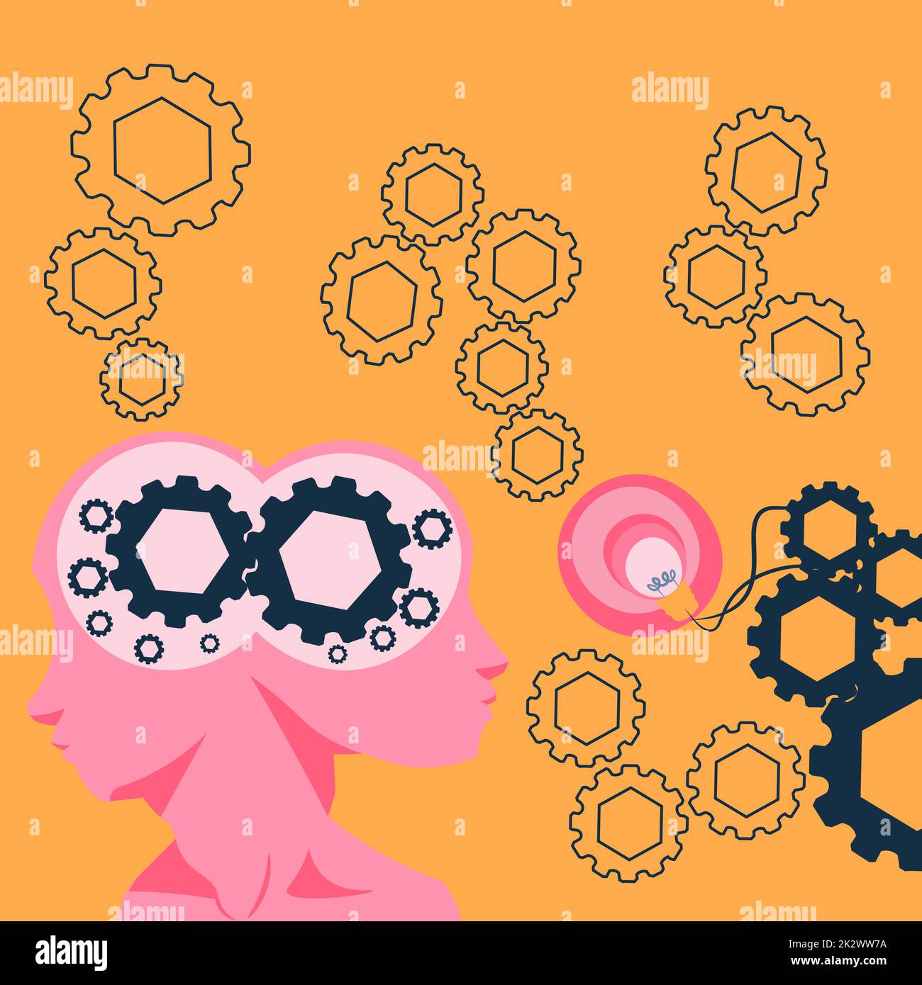 Two Heads With Cogs Showing Technology Ideas. Gears In Brain Symbols Design Displaying Mechanical And Technical Idea. Stock Photo
