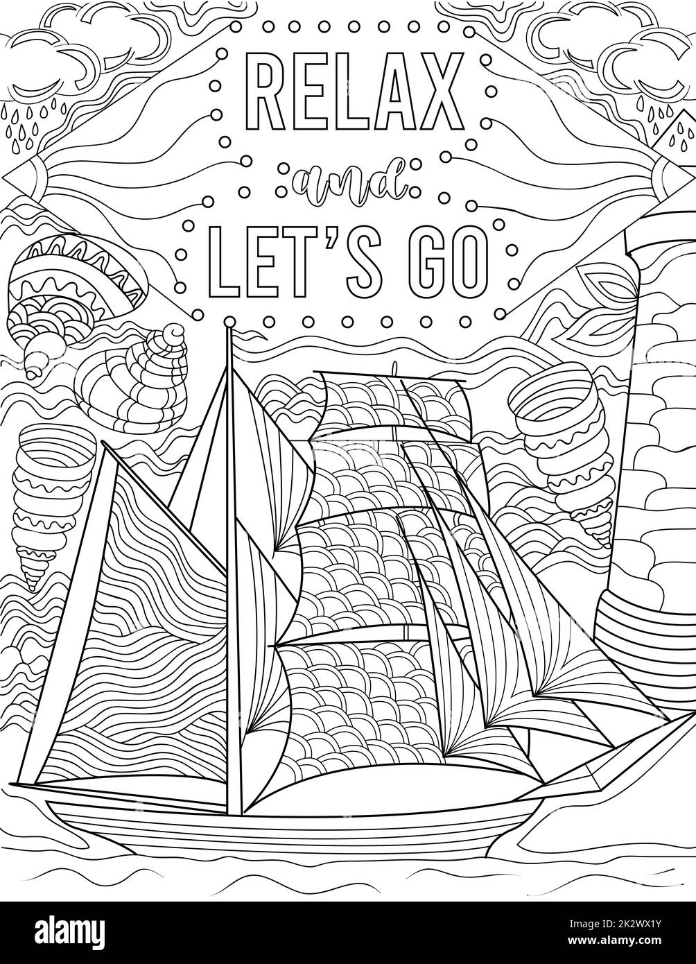 Illustration Of A Sailboat Floating On The Ocean Surrounded By Seashells Under Inspirational Note. Boat Line Drawing Sailing At Sea Around Shells Beneath Positive Message. Stock Photo