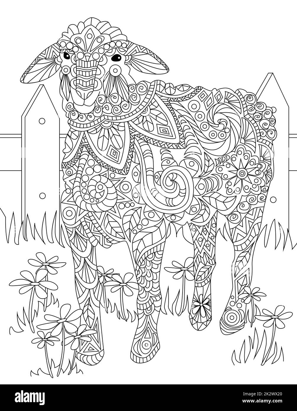 Large Drawing Of A Sheep Standing Alone Inside The Fence Waiting For Shephered. Big Lamb Line Drawing Waiting On His Own Surrounded By Wood Railings. Stock Photo