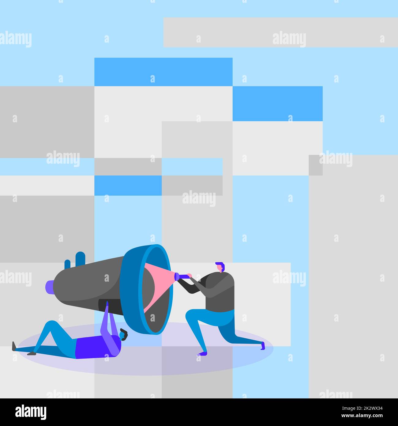 Illustration Of Workers Helping Each Other Using Flashlight To Fix