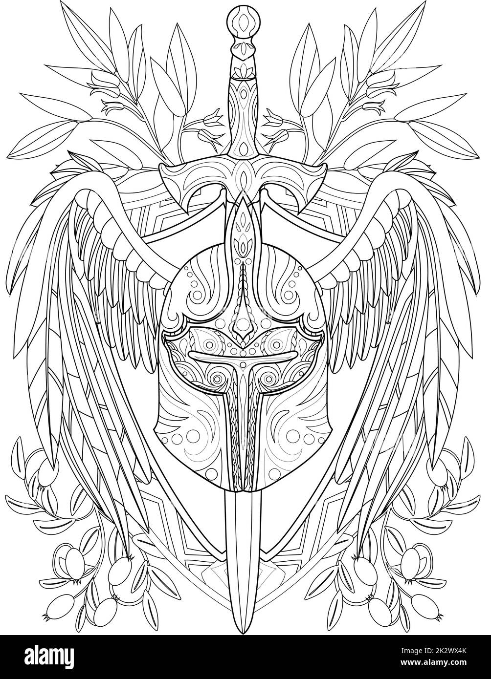 Illustration Of Fantastic Hard Warrior Helmet With Pierced Long Sword And Large Wings. Weapon Run Through An Armored Barbute Line Drawing Wit A Big Feathers Stock Photo